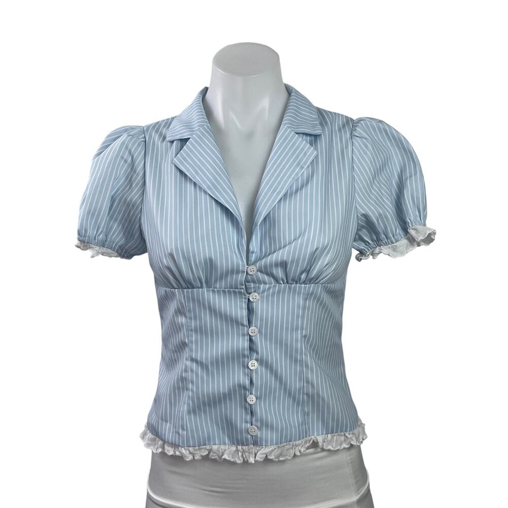 Peppermayo Blue Stripe Short Puff Sleeve Ruffle Crop Button Up Shirt Top Size XS